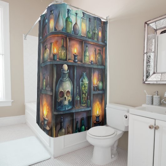 ゴシック様式のポーションボトル – ダーク薬局 シャワーカーテン (インサイチュ)