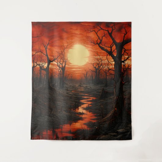 ゴシック様式のムーディ暗赤色の血の月と木不気味々 タペストリー (正面)
