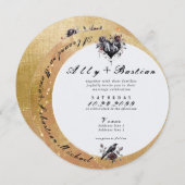 ゴシック様式のムーンムーディブラックフローラルレイヴンハートウェディング 招待状 (正面/裏面)