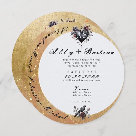 ゴシック様式のムーンムーディブラックフローラルレイヴンハートウェディング 招待状 (正面/裏面)