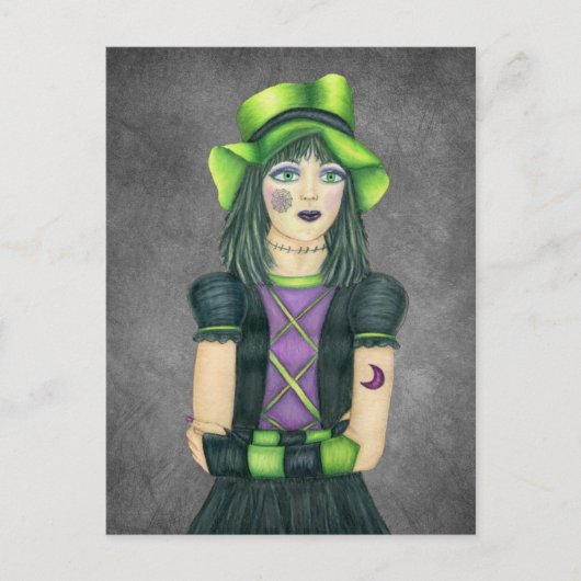ゴシック様式のモンスターガールグリーンハットのタトゥー ポストカード (正面)