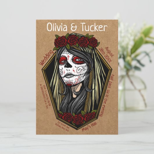 ゴシック様式のレディスカル棺ダークレッドクラフト結婚ズ 招待状 (スタンド正面)