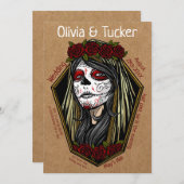 ゴシック様式のレディスカル棺ダークレッドクラフト結婚ズ 招待状 (正面/裏面)