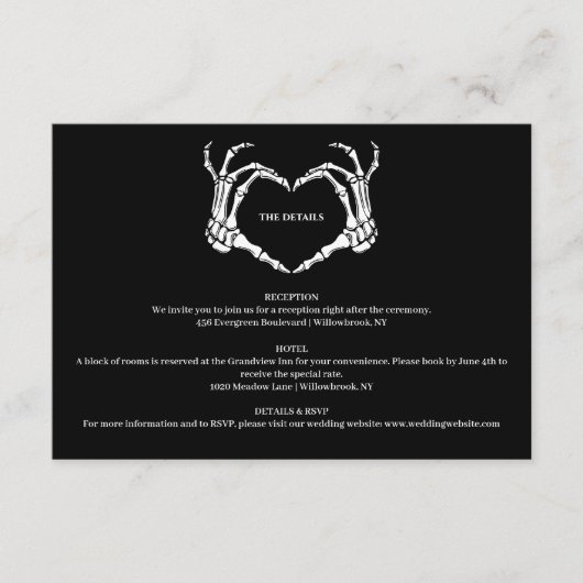 ゴシック様式のロマンチックなスケルトンハンドハロウィン結婚ズ エンクロージャーカード (正面)