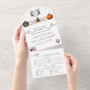 ゴシック様式のロマンチックなスケルトンハンドハロウィン結婚ズ オールインワン招待状