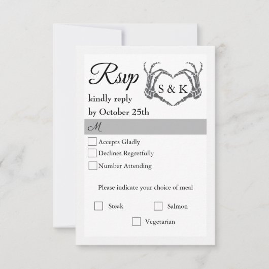 ゴシック様式のロマンチックなスケルトンハンドハロウィン結婚ズ 出欠カード (正面)