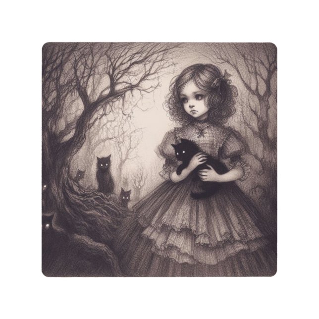 ゴシック様式のロリータと黒い子猫の森不気味林 メタルプリント (正面)