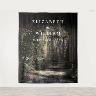 ゴシック様式の古い城の庭園の写真ブースの背景 タペストリー