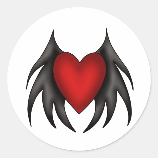 ゴシック様式の可愛い赤い羽の付いたハート ラウンドシール (正面)