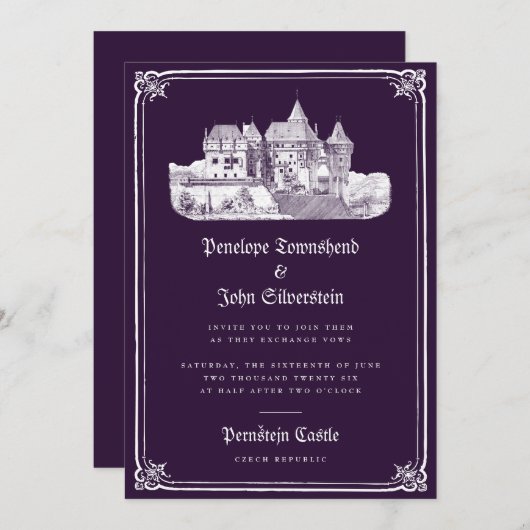 ゴシック様式の城のダークフェアユタリーパープル結婚ズ 招待状 (正面/裏面)