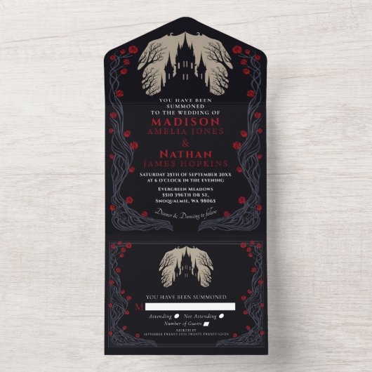 ゴシック様式の城フローラハロウィン結婚ズ オールインワン招待状 (内側)