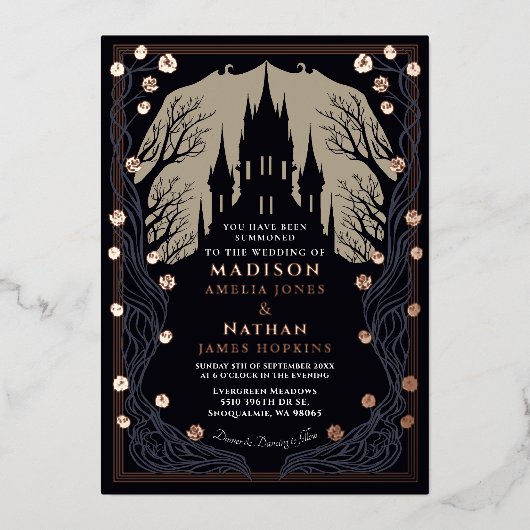 ゴシック様式の城フローラハロウィン結婚ズ 箔招待状 (正面)