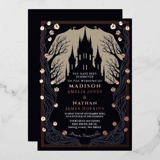 ゴシック様式の城フローラハロウィン結婚ズ 箔招待状 (正面/裏面)