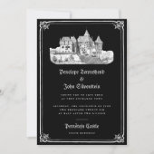 ゴシック様式の城手描き縁どブラック結婚ズ 招待状 (正面)