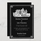 ゴシック様式の城手描き縁どブラック結婚ズ 招待状 (正面/裏面)