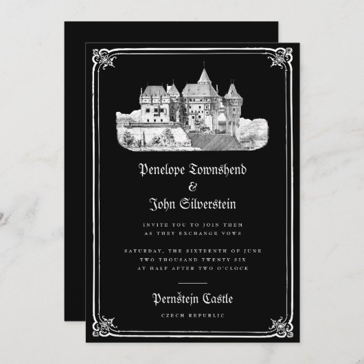 ゴシック様式の城手描き縁どブラック結婚ズ 招待状 (正面/裏面)