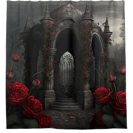 ゴシック様式の墓地ガゼボと赤いバラの夜 シャワーカーテン (正面)