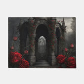 ゴシック様式の墓地ガゼボと赤いバラの夜 ドアマット (正面)