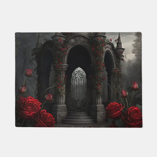ゴシック様式の墓地ガゼボと赤いバラの夜 ドアマット (正面)