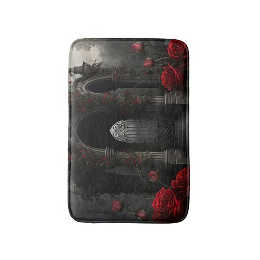 ゴシック様式の墓地ガゼボと赤いバラの夜 バスマット (正面縦)