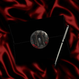 ゴシック様式の墓地ガゼボと赤いバラの夜 ラウンドシール