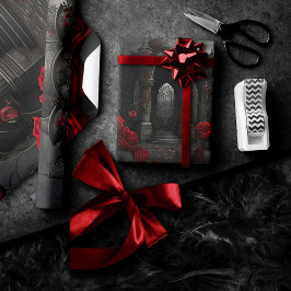 ゴシック様式の墓地ガゼボと赤いバラの夜 ラッピングペーパー