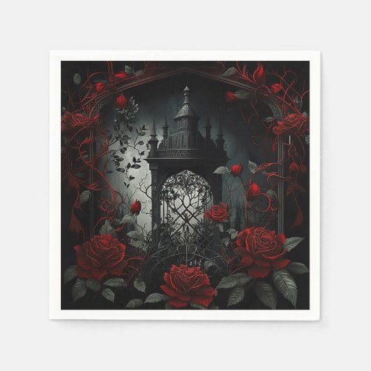 ゴシック様式の墓地バラガーデンと赤と黒 スタンダードカクテルナプキン (正面)