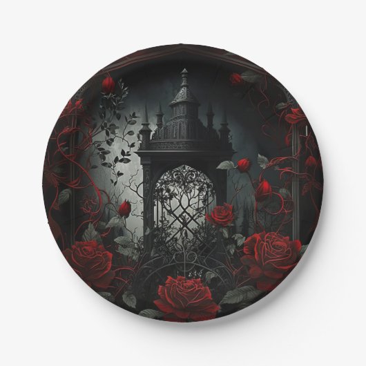 ゴシック様式の墓地バラガーデンと赤と黒 ペーパープレート (正面)