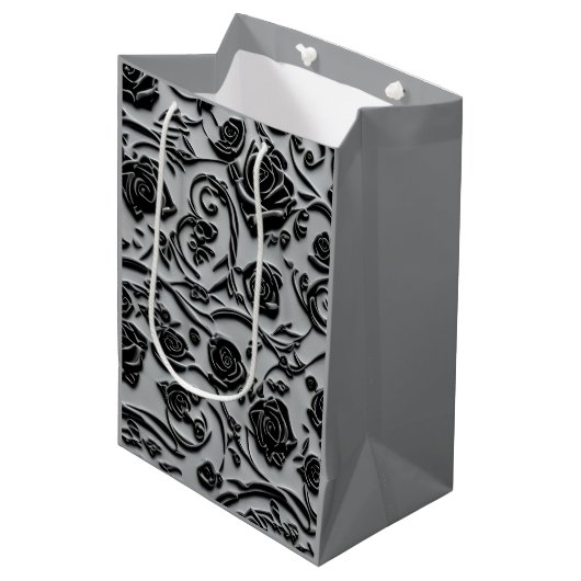 ゴシック様式の墓地ブラックバラパターン ミディアムペーパーバッグ (正面アングル)