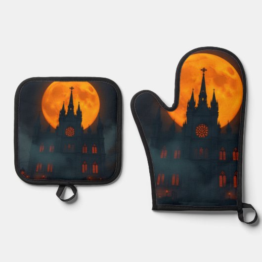 ゴシック様式の大聖堂と月 ハロウィーン用ミットセット 鍋つかみ&鍋敷きセット (正面)