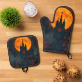 ゴシック様式の大聖堂と月 ハロウィーン用ミットセット 鍋つかみ&鍋敷きセット (トップダウン)