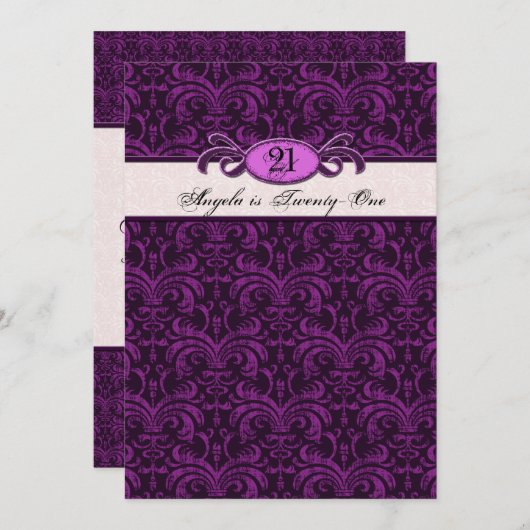 ゴシック様式の女の子のための21歳の誕生日，暗い赤紫色ダマスク 招待状 (正面/裏面)