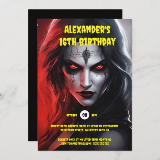 ゴシック様式の女性ハローウィンパーティ赤黒 招待状 (正面/裏面)