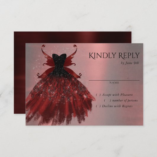 ゴシック様式の妖精クリムゾンガウン | 深いラディアントレッドシェーン 出欠カード (正面/裏面)