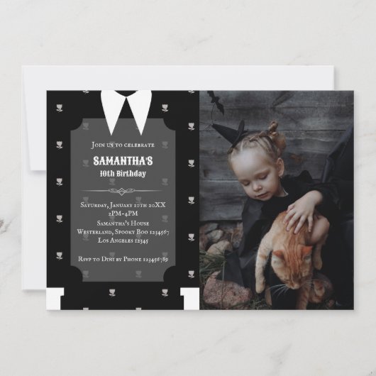 ゴシック様式の小さな女の子の黒いドレス誕生日写真 招待状 (正面)