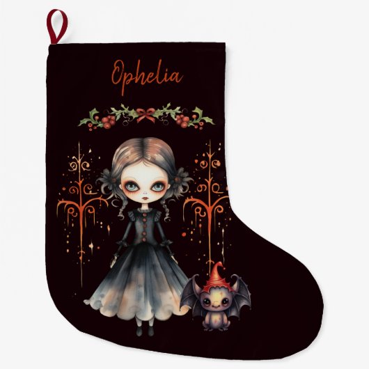 ゴシック様式の少女とかわいいクリッター ラージクリスマスストッキング (正面)
