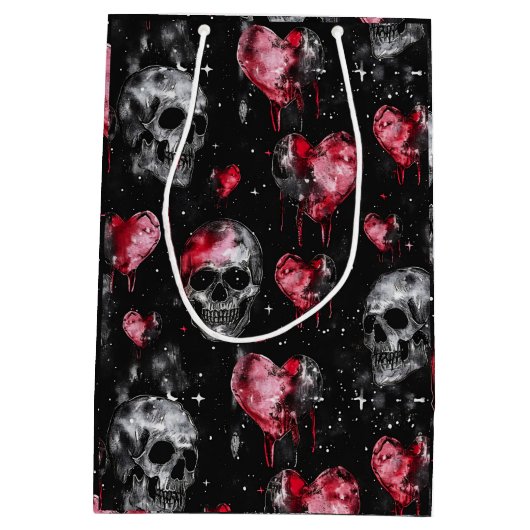 ゴシック様式の愛スカルと赤いハート ミディアムペーパーバッグ (裏面)