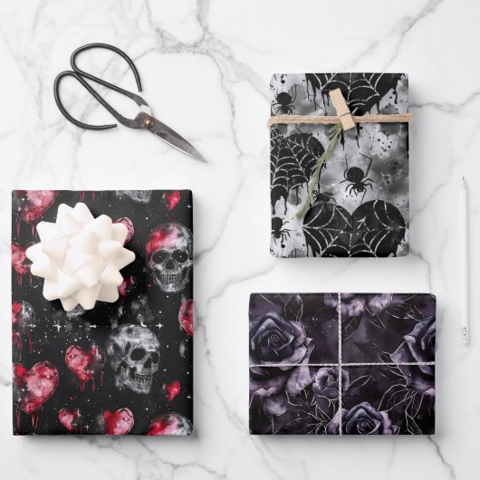 ゴシック様式の愛スカルと赤いハート ラッピングペーパーシート (正面)