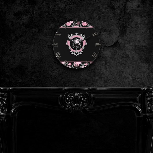 ゴシック様式の愛 |ピンクとブラックのSkeletenハートフローラ ラウンド壁時計