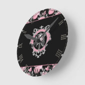 ゴシック様式の愛 |ピンクとブラックのSkeletenハートフローラ ラウンド壁時計 (傾斜)