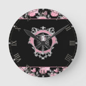 ゴシック様式の愛 |ピンクとブラックのSkeletenハートフローラ ラウンド壁時計 (正面)