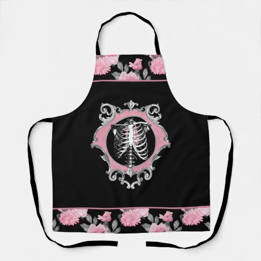 ゴシック様式の愛 |ピンクと黒のスケルトンハートフローラ エプロン (正面)