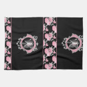 ゴシック様式の愛 |ピンクと黒のスケルトンハートフローラ キッチンタオル (横)