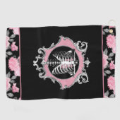 ゴシック様式の愛 |ピンクと黒のスケルトンハートフローラ ゴルフタオル (横)