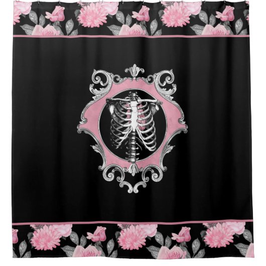 ゴシック様式の愛 |ピンクと黒のスケルトンハートフローラ シャワーカーテン (正面)