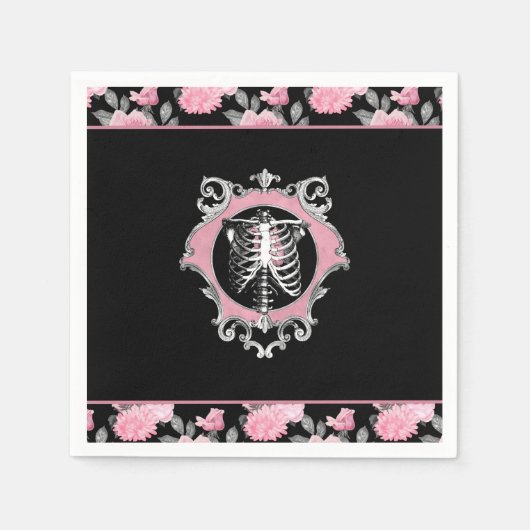 ゴシック様式の愛 |ピンクと黒のスケルトンハートフローラ スタンダードカクテルナプキン (正面)