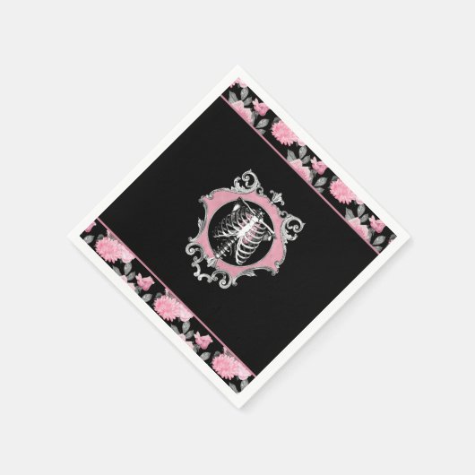 ゴシック様式の愛 |ピンクと黒のスケルトンハートフローラ スタンダードカクテルナプキン (角)