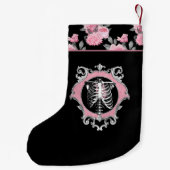 ゴシック様式の愛 |ピンクと黒のスケルトンハートフローラ スモールクリスマスストッキング (裏面)