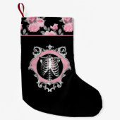 ゴシック様式の愛 |ピンクと黒のスケルトンハートフローラ スモールクリスマスストッキング (正面)