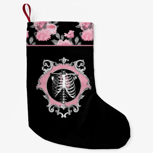 ゴシック様式の愛 |ピンクと黒のスケルトンハートフローラ スモールクリスマスストッキング (正面)